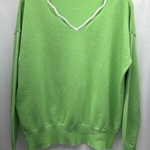 MISSLOOK Women’s Green Sweater with White Scalloped V Neck LG CASUAL